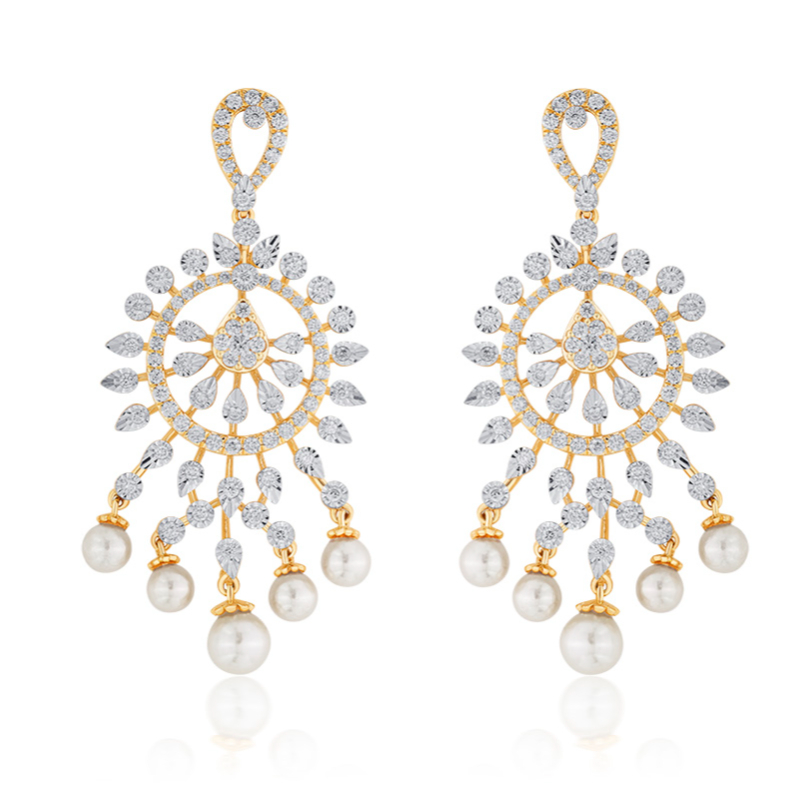18K Gold Diamond Hanging Earrings with Pearls