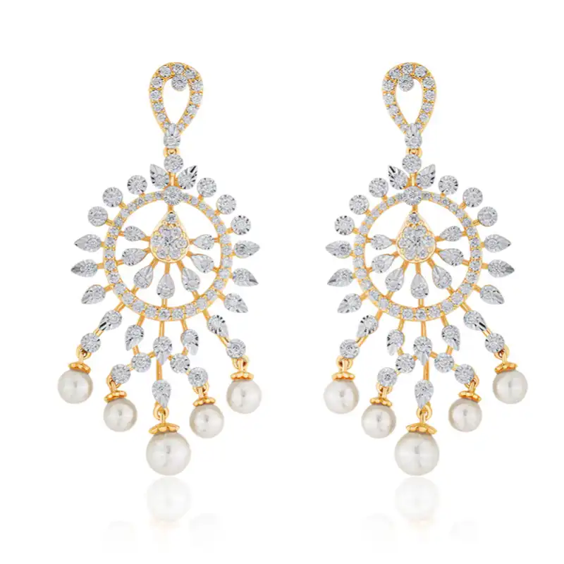 18K Gold Diamond Hanging Earrings with Pearls