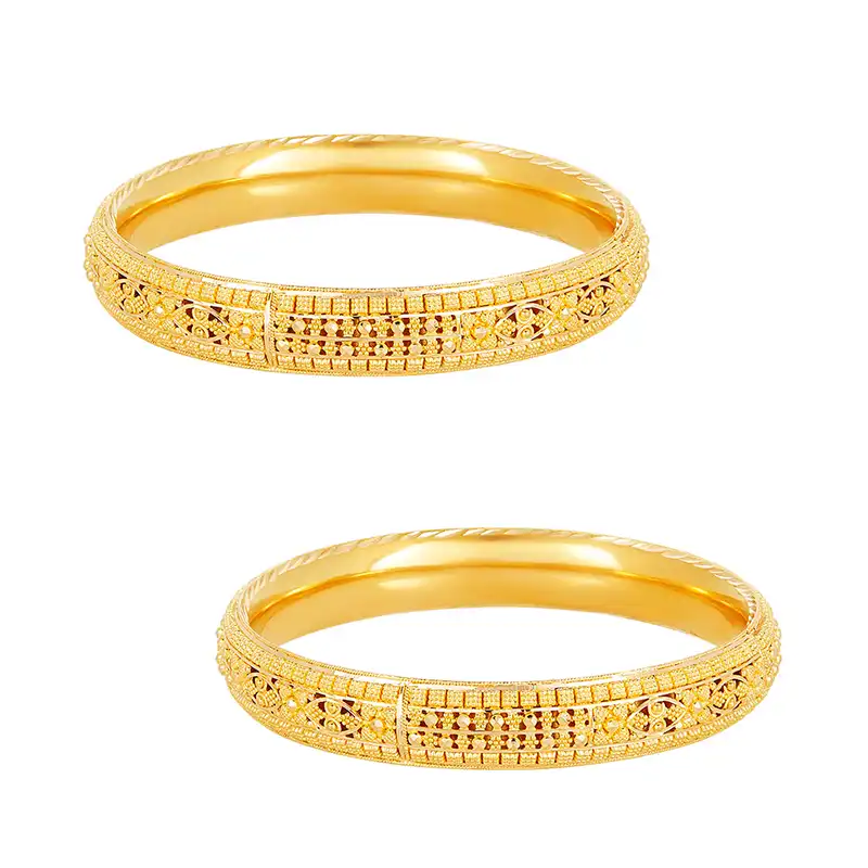 22k Yellow Thin Gold Beaded Patterned Bangle Set of 2