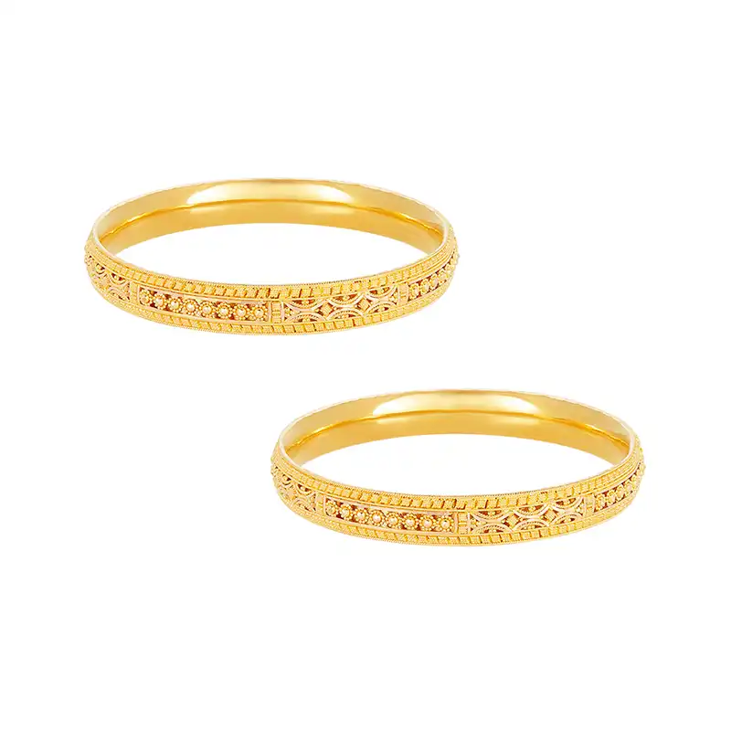 22k Yellow Gold Beaded Patterned Bangle Set of 2