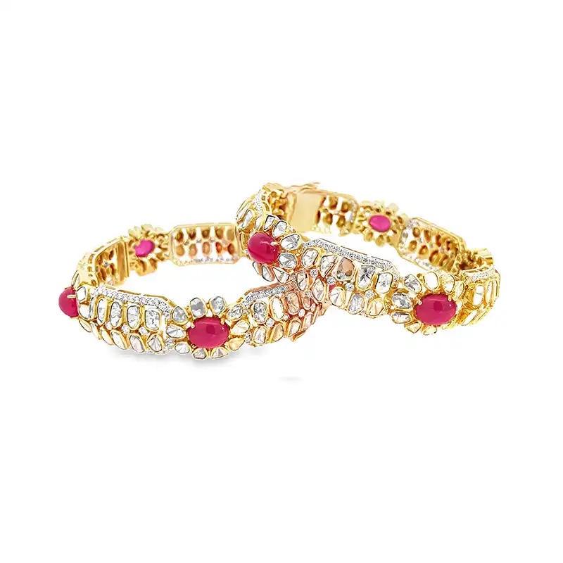 Set of uncut Diamond Bangles with Rubies