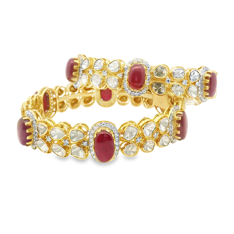 Set of Bangles in uncut Diamonds and Rubies