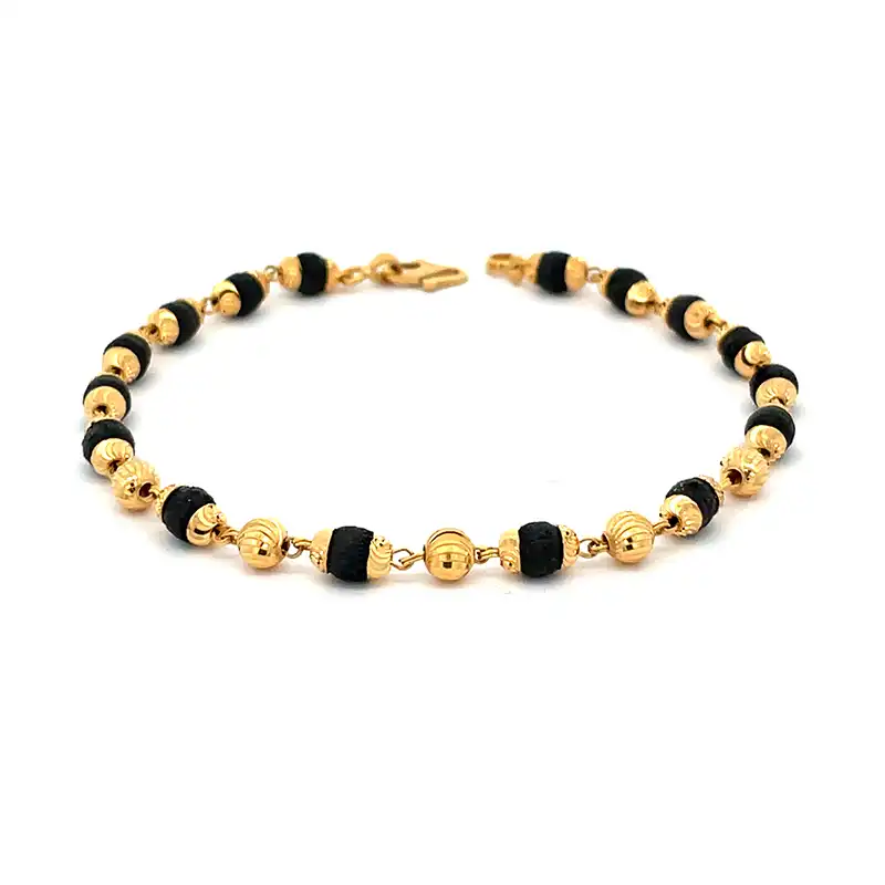 22K Yellow Gold Bracelet with Black Beads - 7.25 inches