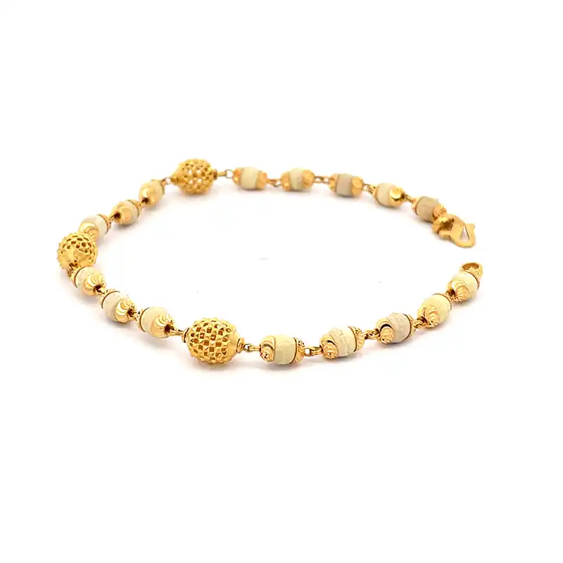 22K Yellow Gold Bracelet with White Beads - 7.5 inches