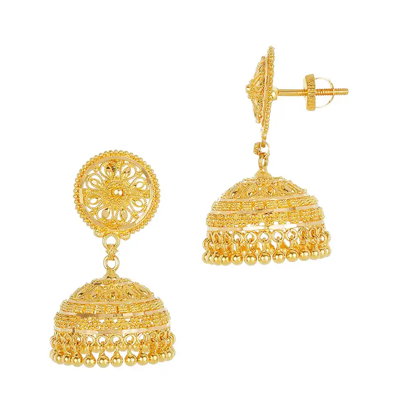 22k Yellow Gold Beaded Patterned Jhumka Earrings