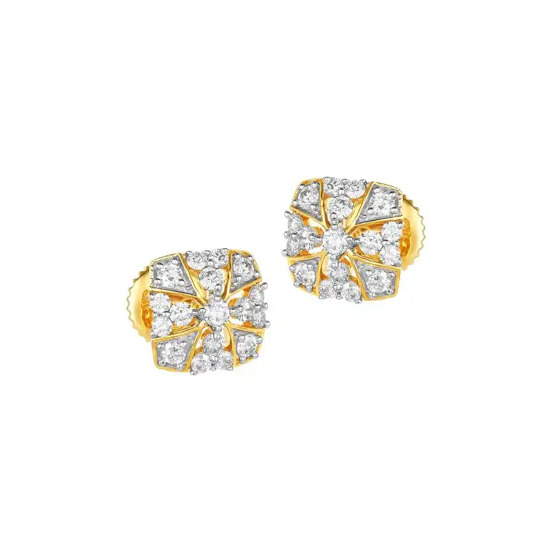 18K Two tone Gold Diamond Square Cluster Stud Earrings