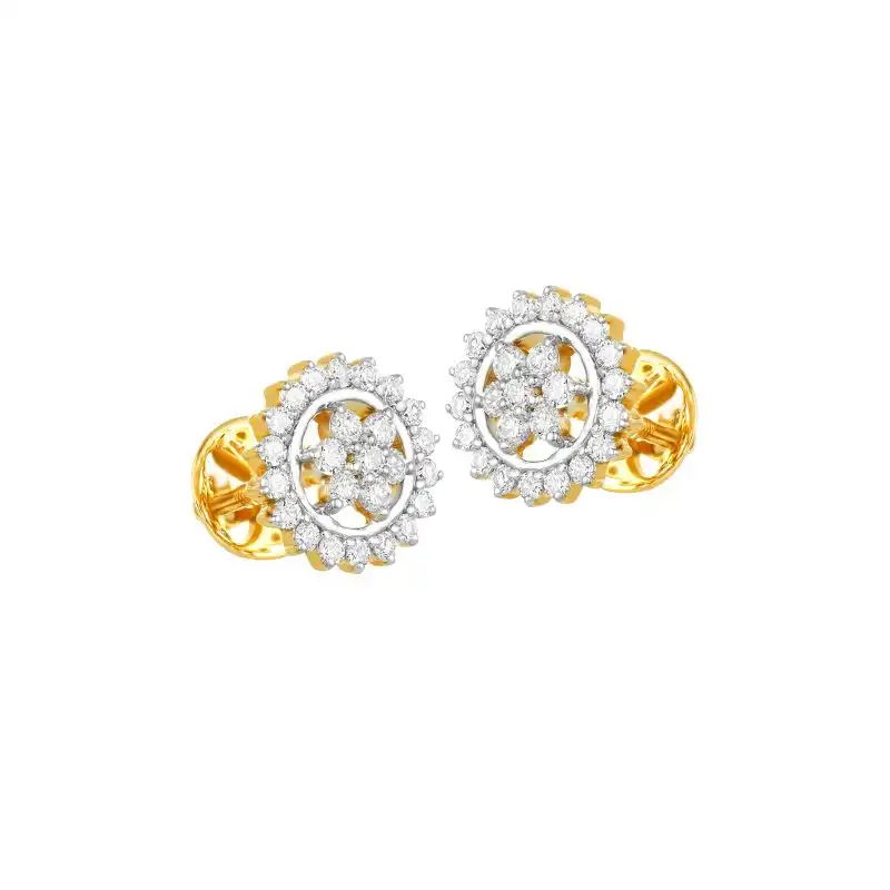 18K Two tone Diamond Round Floral Stud Earrings