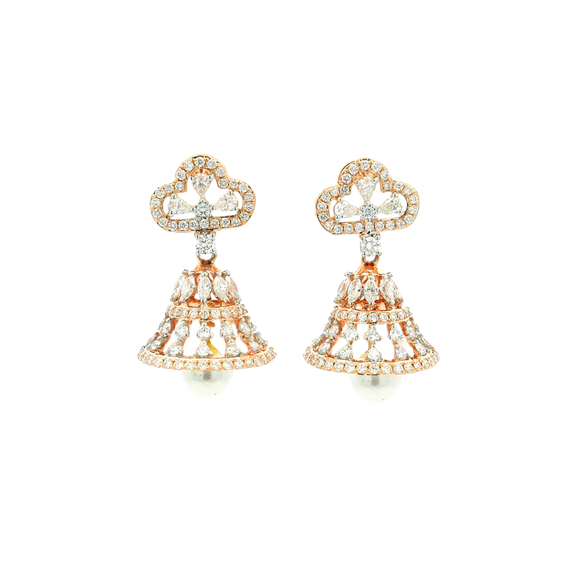 Delicate Gold Diamond Hanging Earrings with pearl drop - 0.90 inch