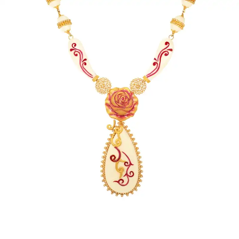 Ethnic Rose Necklace Earrings Set in 22K Gold