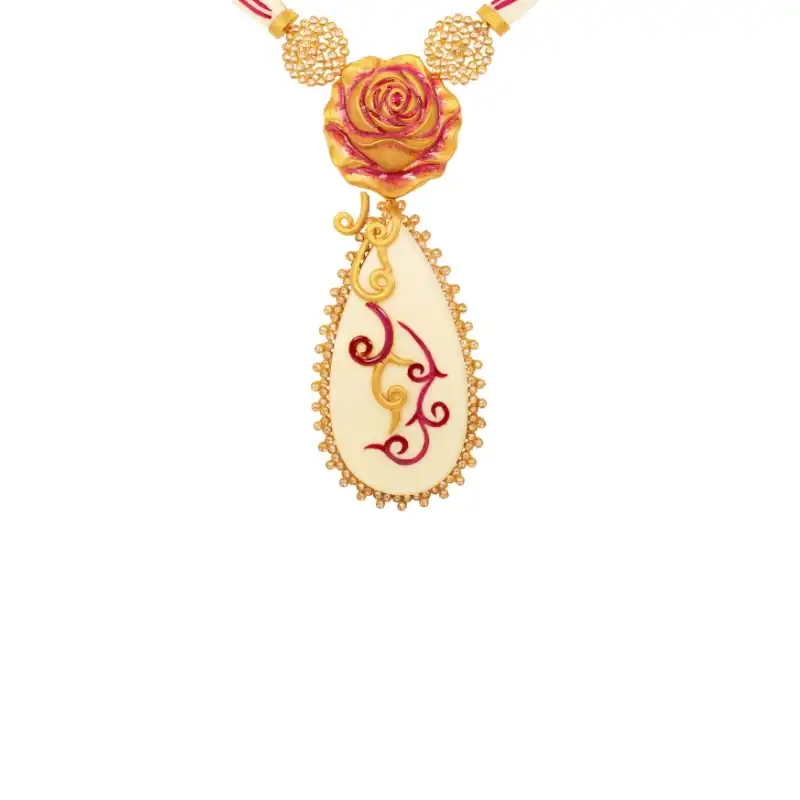 Ethnic Rose Necklace Earrings Set in 22K Gold