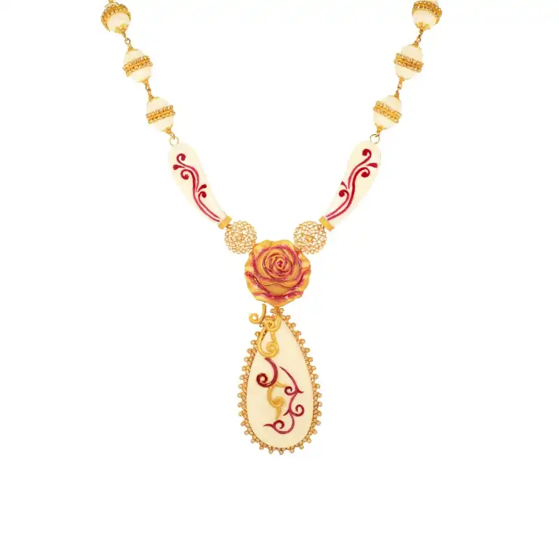 Ethnic Rose Necklace Earrings Set in 22K Gold