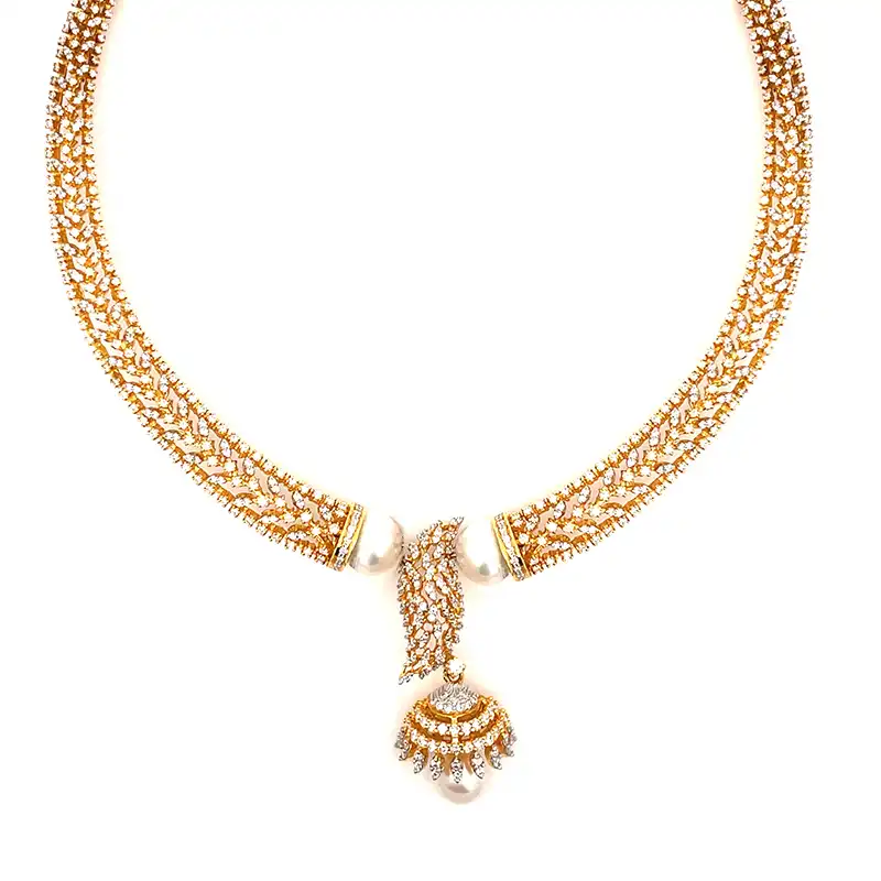 18K Yellow Gold Diamond Pearl Necklace Set