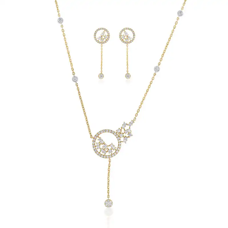 18K Gold Diamond Pendant Set, round with lariet