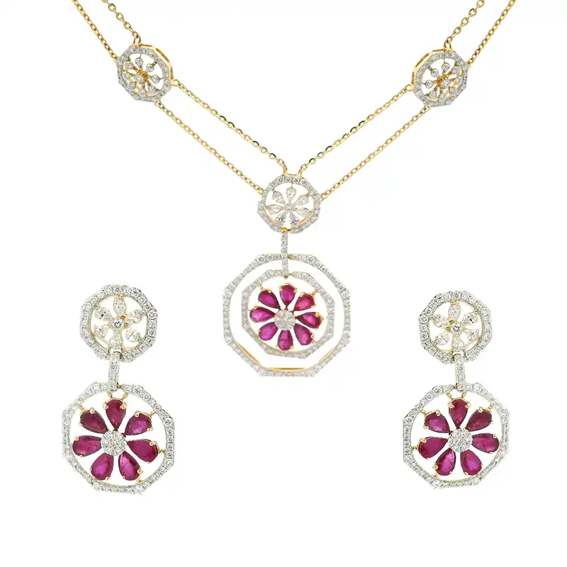 Elegant Gold and Ruby Pendant Necklace and Earrings