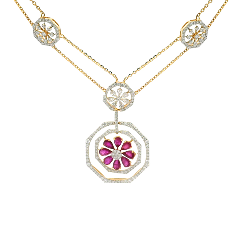 Elegant Gold and Ruby Pendant Necklace and Earrings