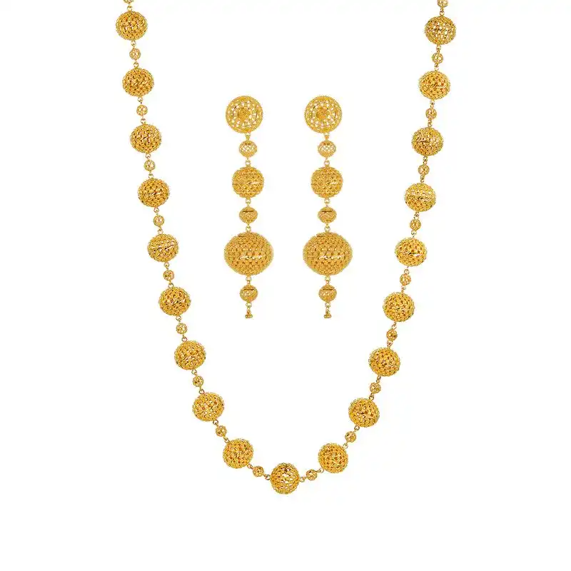 22K Gold Set of Beaded Necklace and Hanging Earrings