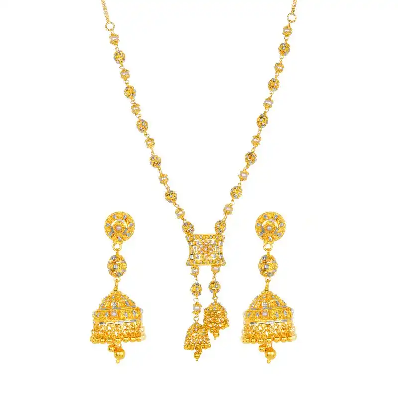 22K Gold Two tone Necklace and Jhumka style Drop Earring Set