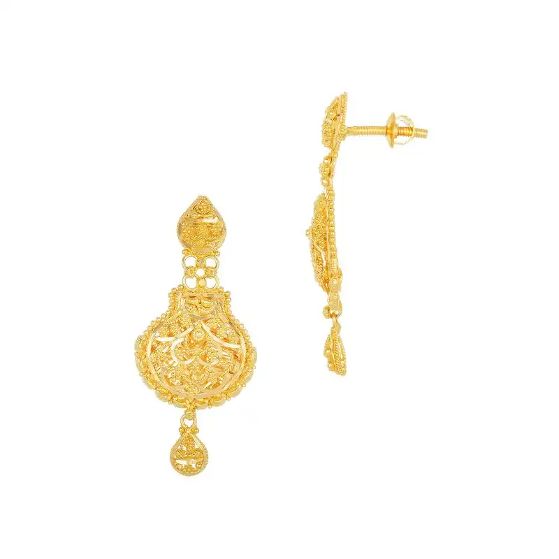 22K Gold Long Necklace and Hanging Earring Set