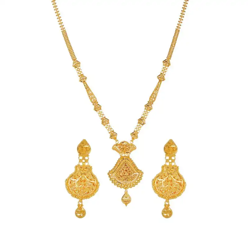 22K Gold Long Necklace and Hanging Earring Set