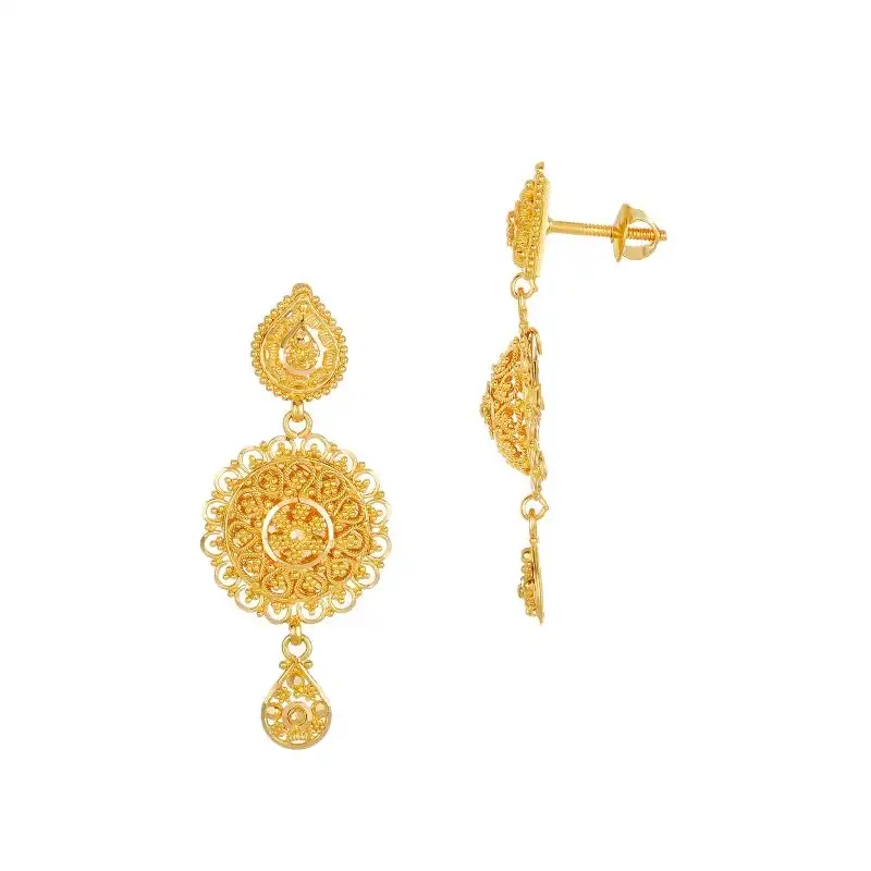 22K Gold Necklace and long hanging Drop Earring Set