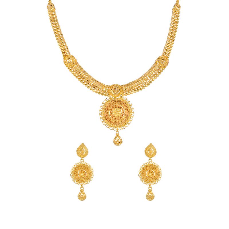 Buy Long chain heavy pendant Gold Necklace set with earrings Online  Long  chain heavy pendant Gold Necklace set with earrings by Manubhai.