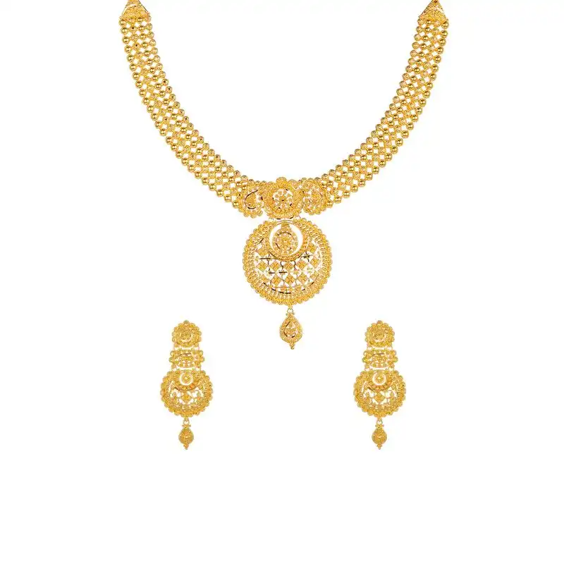 22K Gold Necklace Set with long Drop Earrings