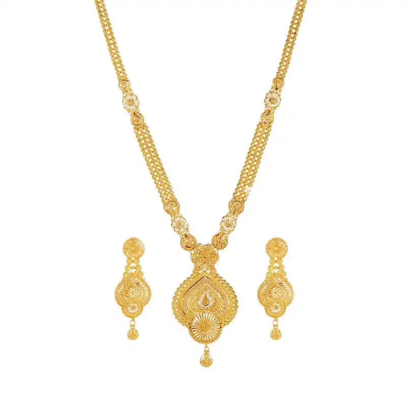 22K Gold Long Necklace and Hanging Earring Set