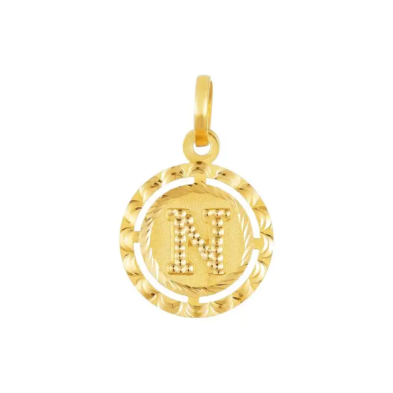 22K Yellow Gold Letter N Beaded Circle Pendant