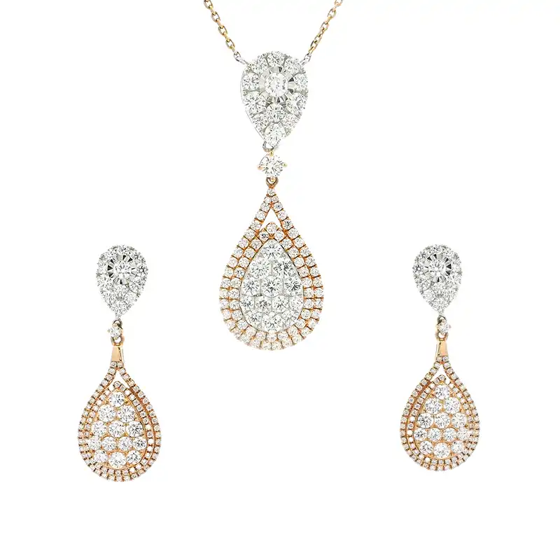 Gold Diamond Pendant Earrings Set