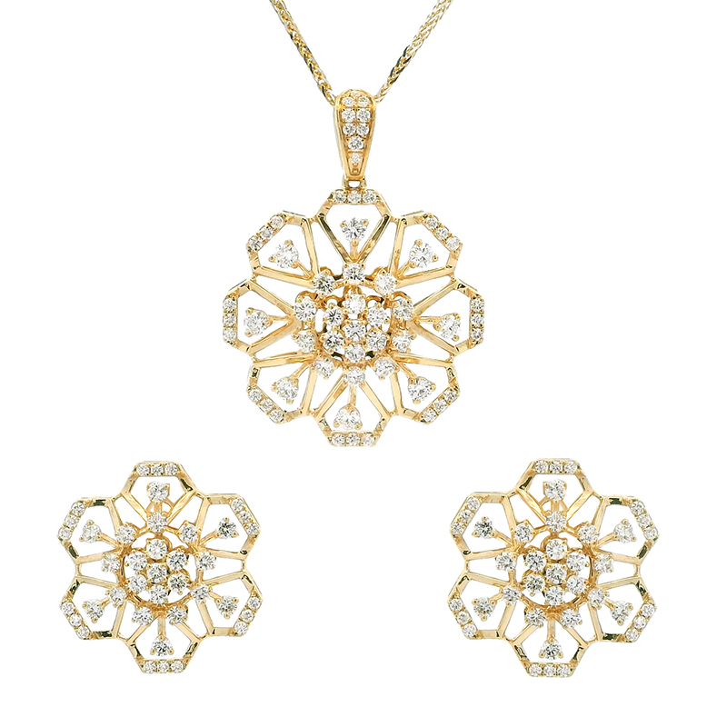 Gold Diamond Pendant Earrings Set