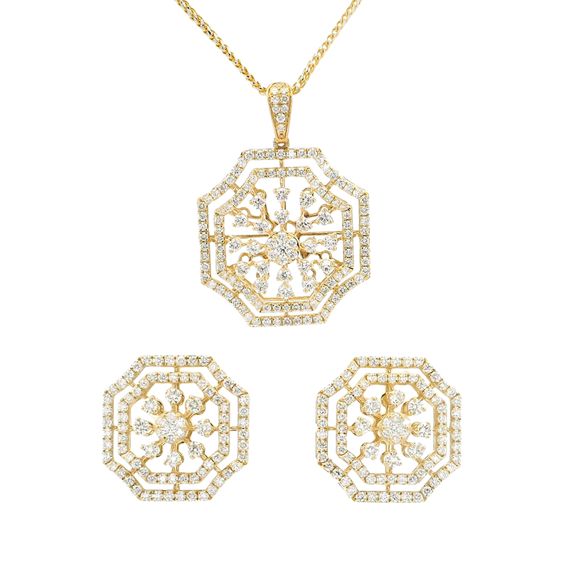 Gold Diamond Pendant Earrings Set