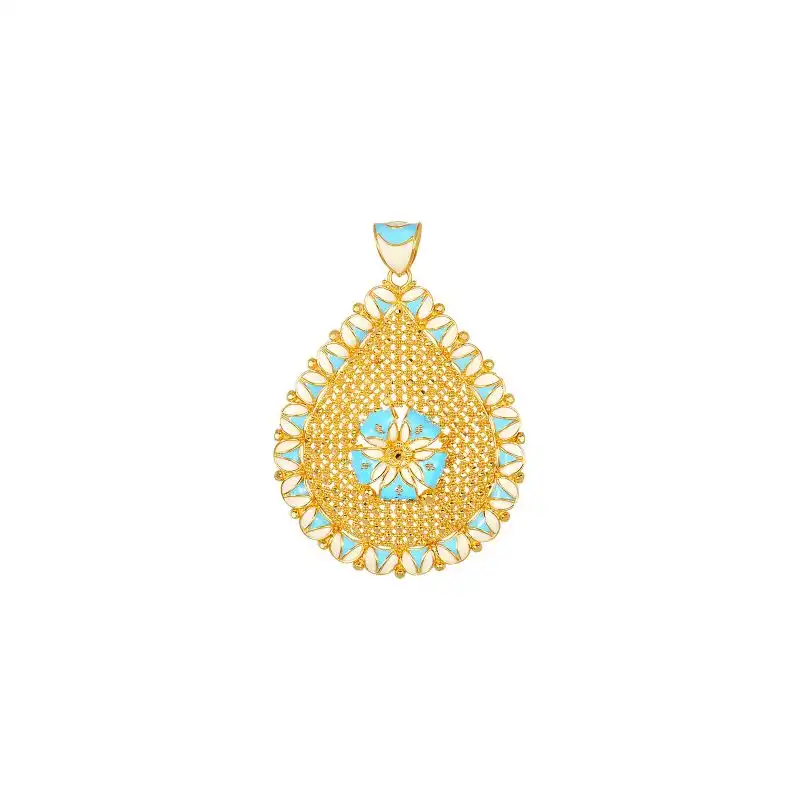 22K Yellow Gold Teardrop Pendant and Earring Set with enamel in turquoise color