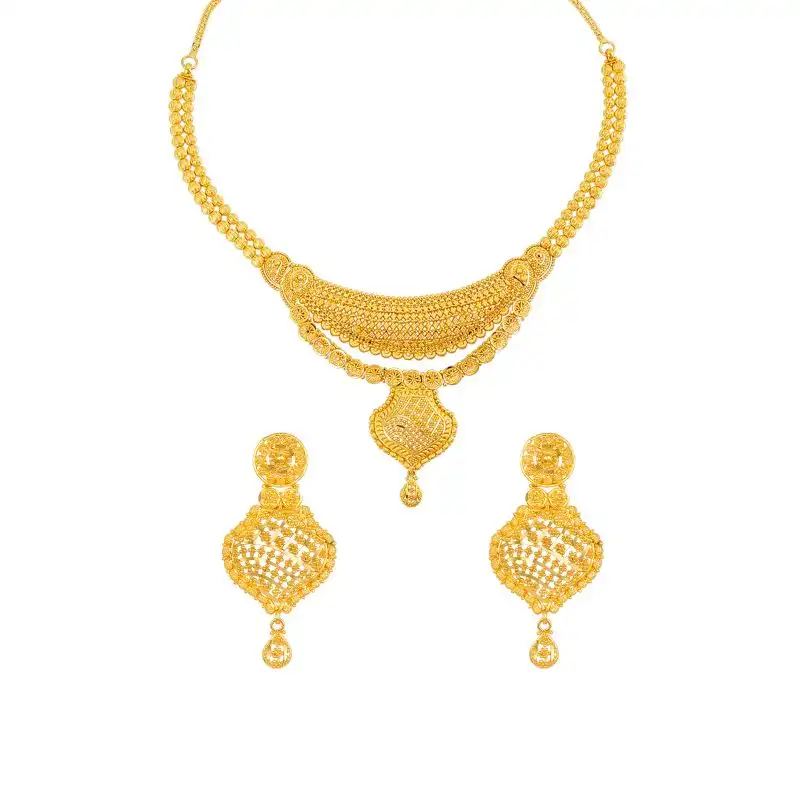 22K Gold Filigree Drop Necklace and Earring Set