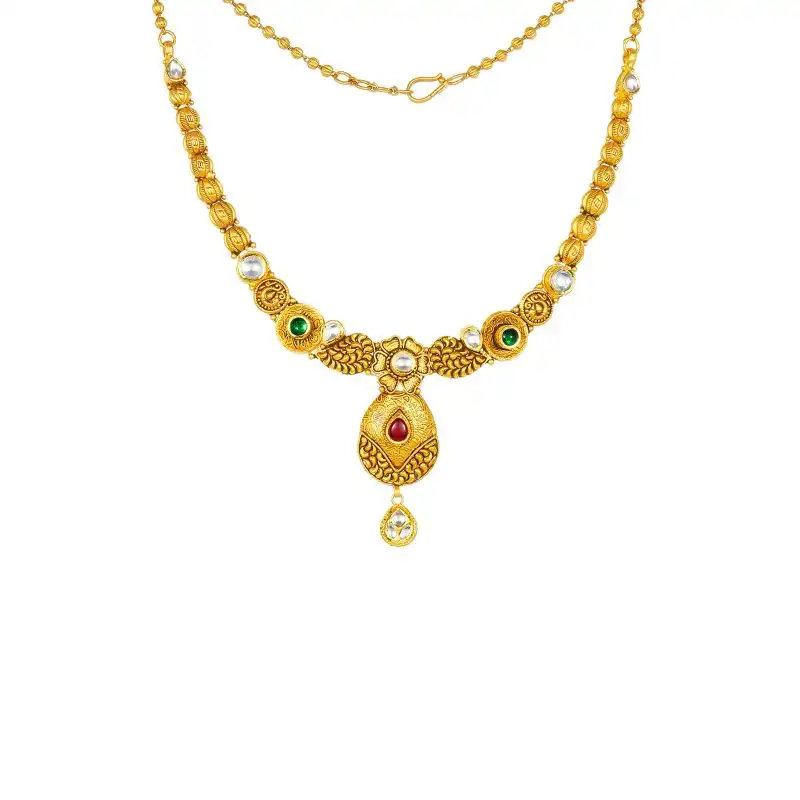 22K Antique Gold and Gemstone Drop Necklace and Earring Set