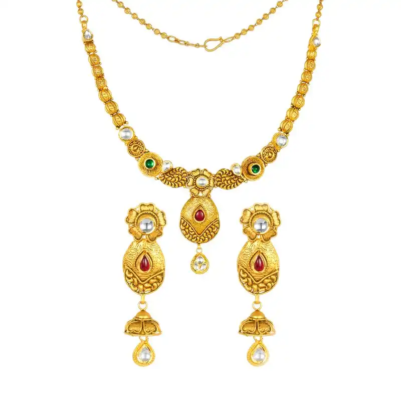 22K Antique Gold and Gemstone Drop Necklace and Earring Set