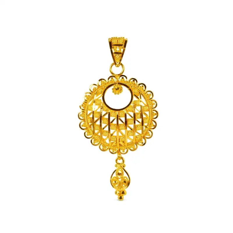 22K Yellow Gold Round Pendant Earrings Set