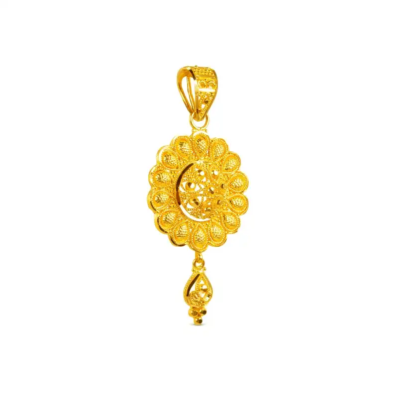 Floral 22K Yellow Gold Pendant Earrings Set