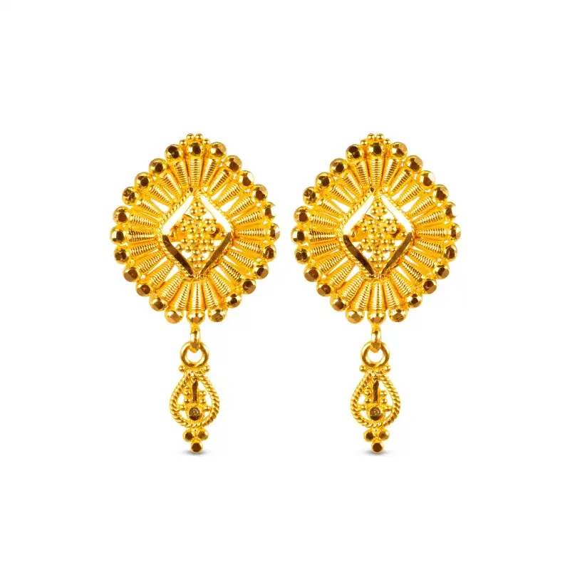 22K Yellow Gold Pendant Earrings Set, Fan-shaped