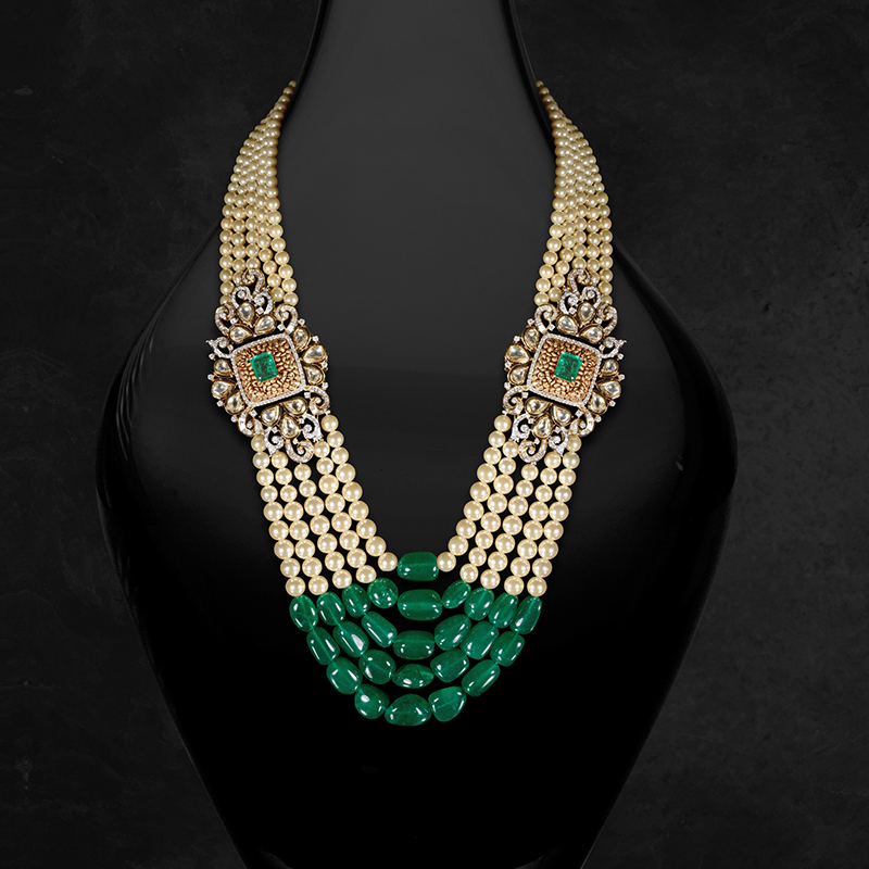 Emerald Pearl Diamond Necklace in 18K Gold