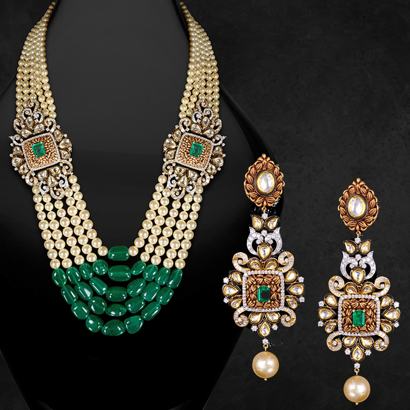 Emerald Pearl Diamond Necklace Set in 18K Gold