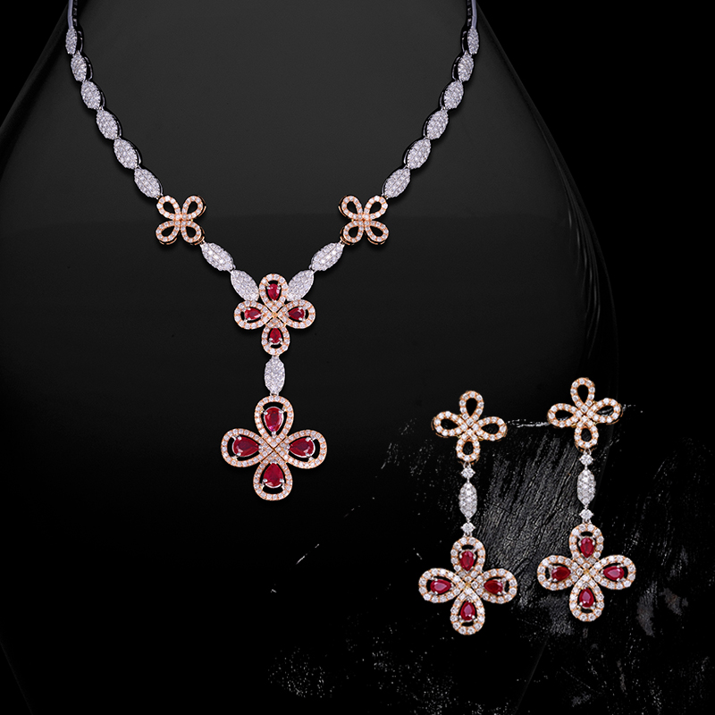 Ruby Diamond Necklace Set in 18K Gold