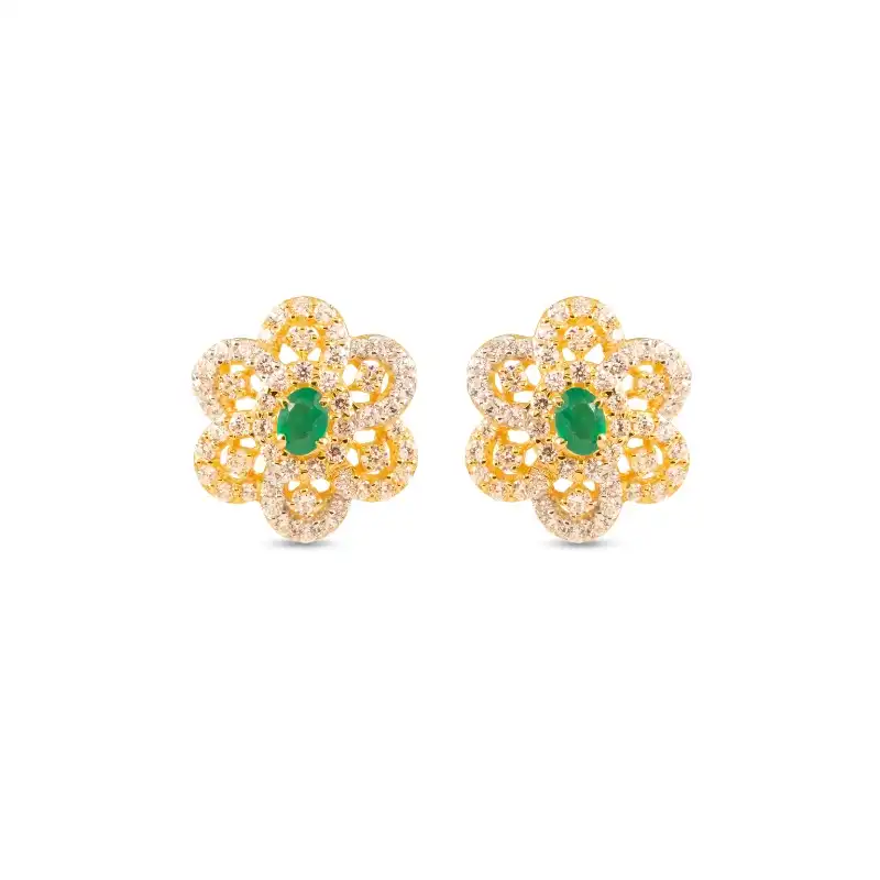 Floral 22K Gold Earrings with green centre