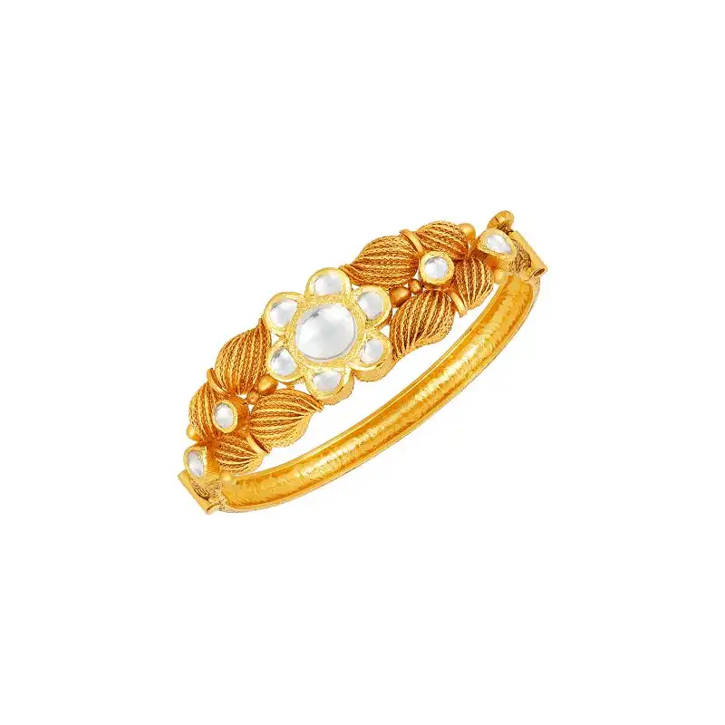 22K Yellow Antique Gold and Semi-Precious Stone Floral Kundan Bangle