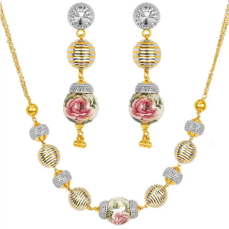 22K Gold Two-Toned Floral Necklace and Earring Set