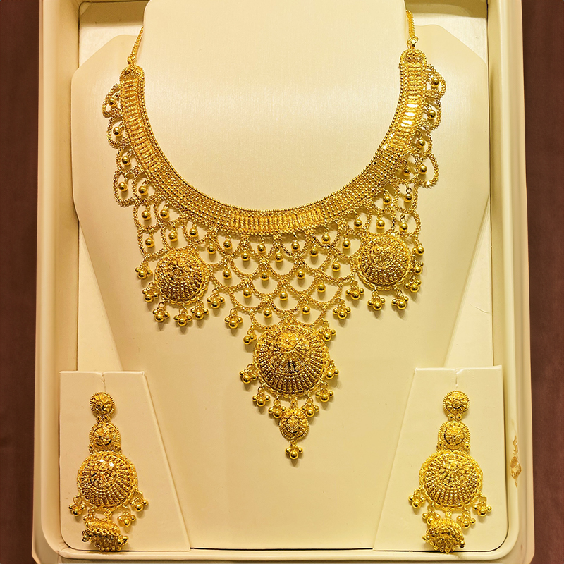 22K Gold Elaborate Necklace and Long hanging Earring Set