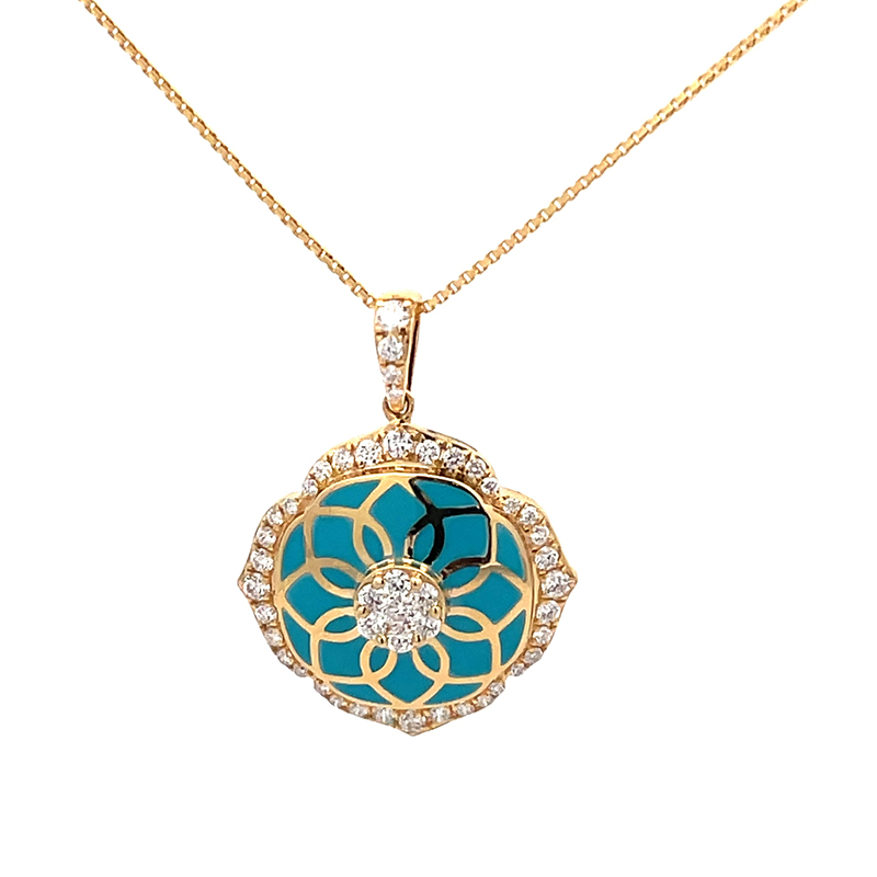 Floral Gold Diamond Pendant Set with Turquoise enamel