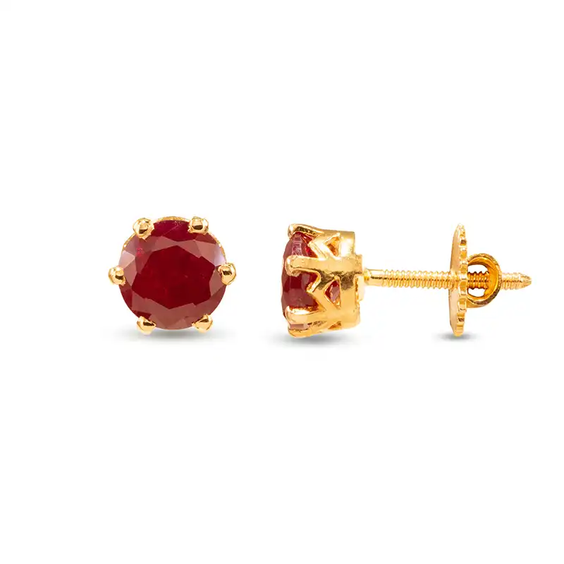 Classic round Gold Ear Studs in deep red