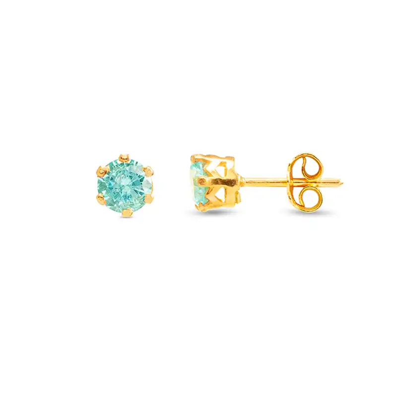 Round 22K Gold Stud Earrings in light blue CZ