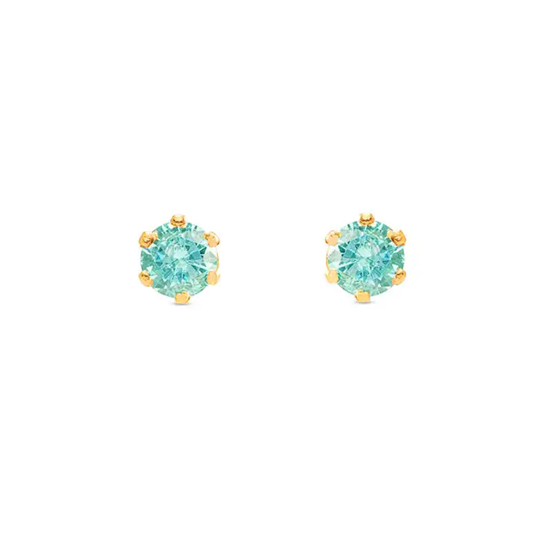 Round 22K Gold Stud Earrings in light blue CZ