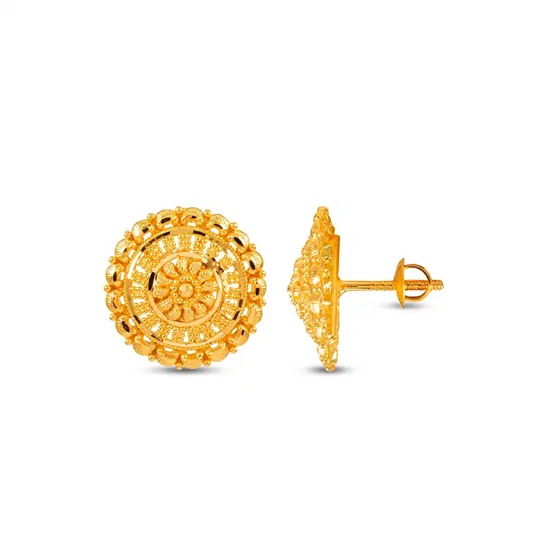 Floral Round 22K Gold Stud Earrings